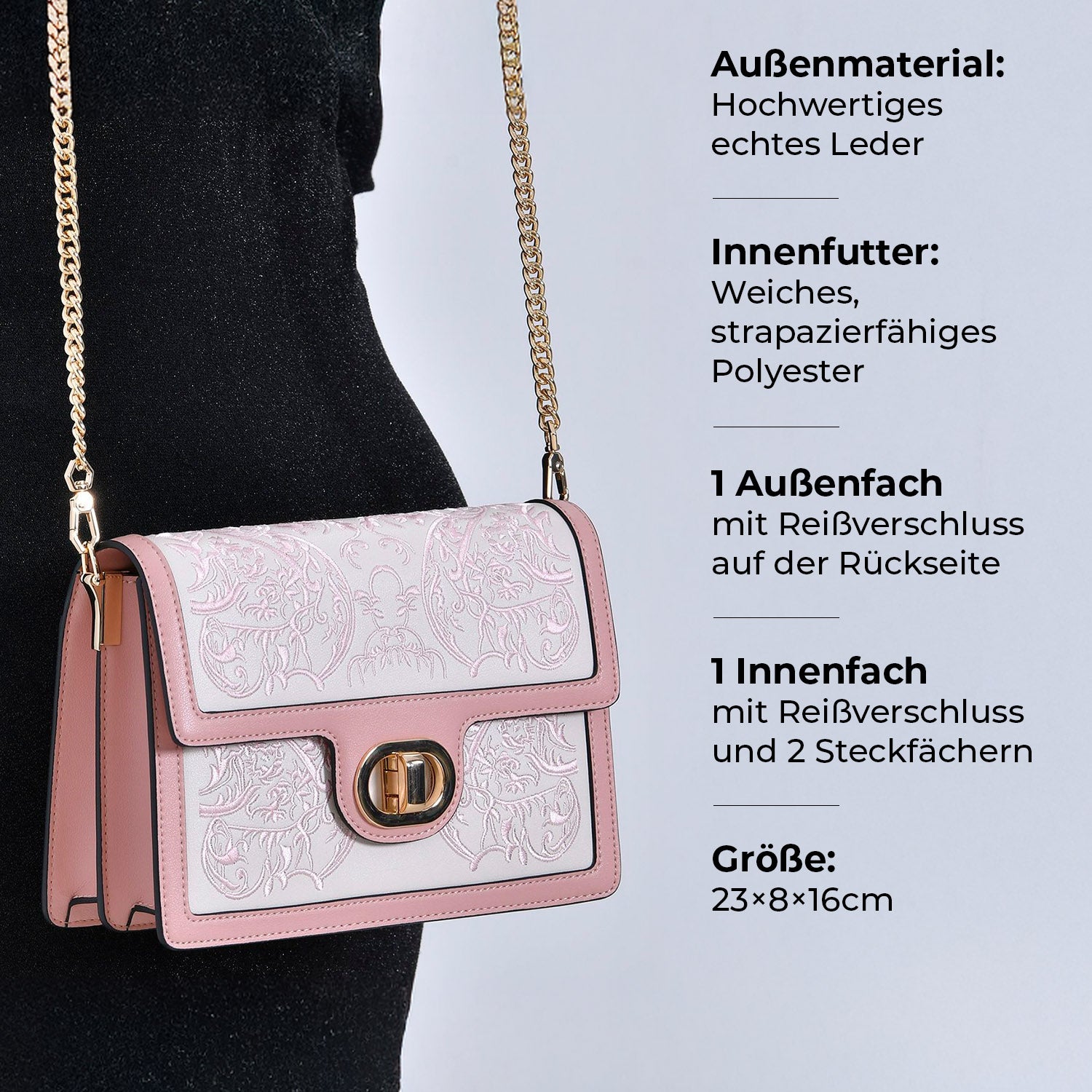 GRAND PELLE - Umhängetasche aus echtem Leder mit Stickerei, Klappdesign, Kettenriemen, 23x8x16?cm, Rosa
