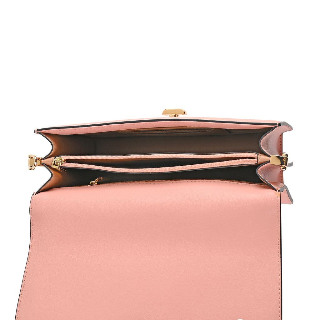 GRAND PELLE - Umhängetasche aus echtem Leder mit Stickerei, Klappdesign, Kettenriemen, 23x8x16?cm, Rosa
