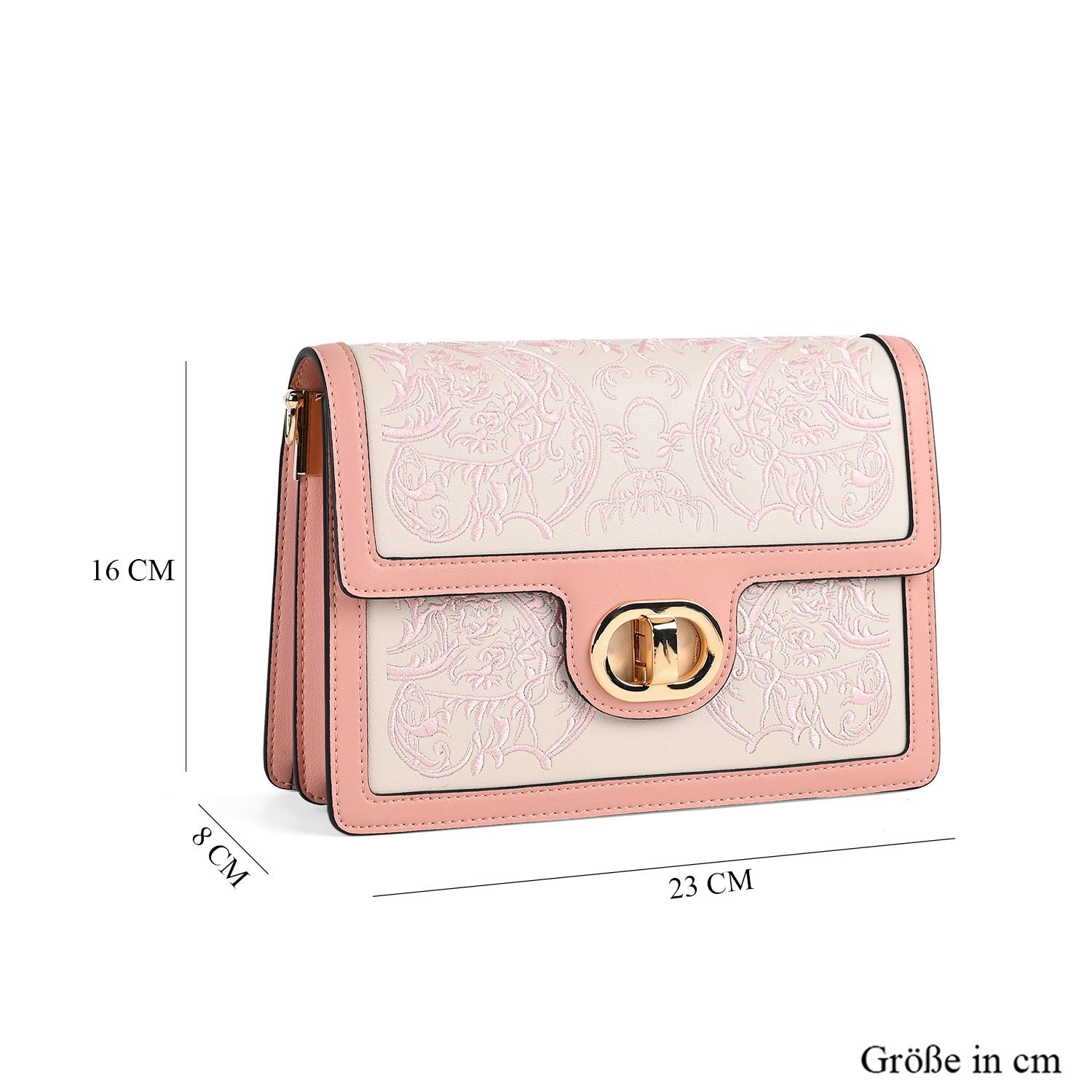 GRAND PELLE - Umhängetasche aus echtem Leder mit Stickerei, Klappdesign, Kettenriemen, 23x8x16?cm, Rosa