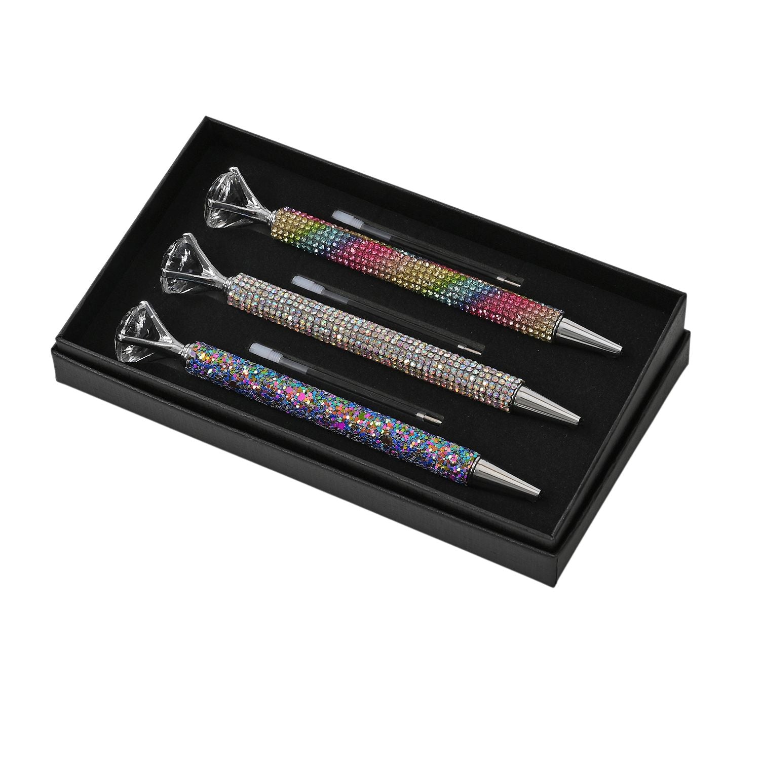 3er-Set Kugelschreiber mit Strassbesatz und Diamantspitze, inkl. 3 blauer Ersatzminen, 15cm,, Mehrfarbig