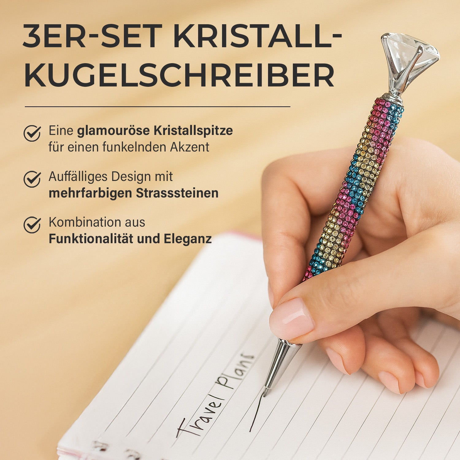 3er-Set Kugelschreiber mit Strassbesatz und Diamantspitze, inkl. 3 blauer Ersatzminen, 15cm,, Mehrfarbig
