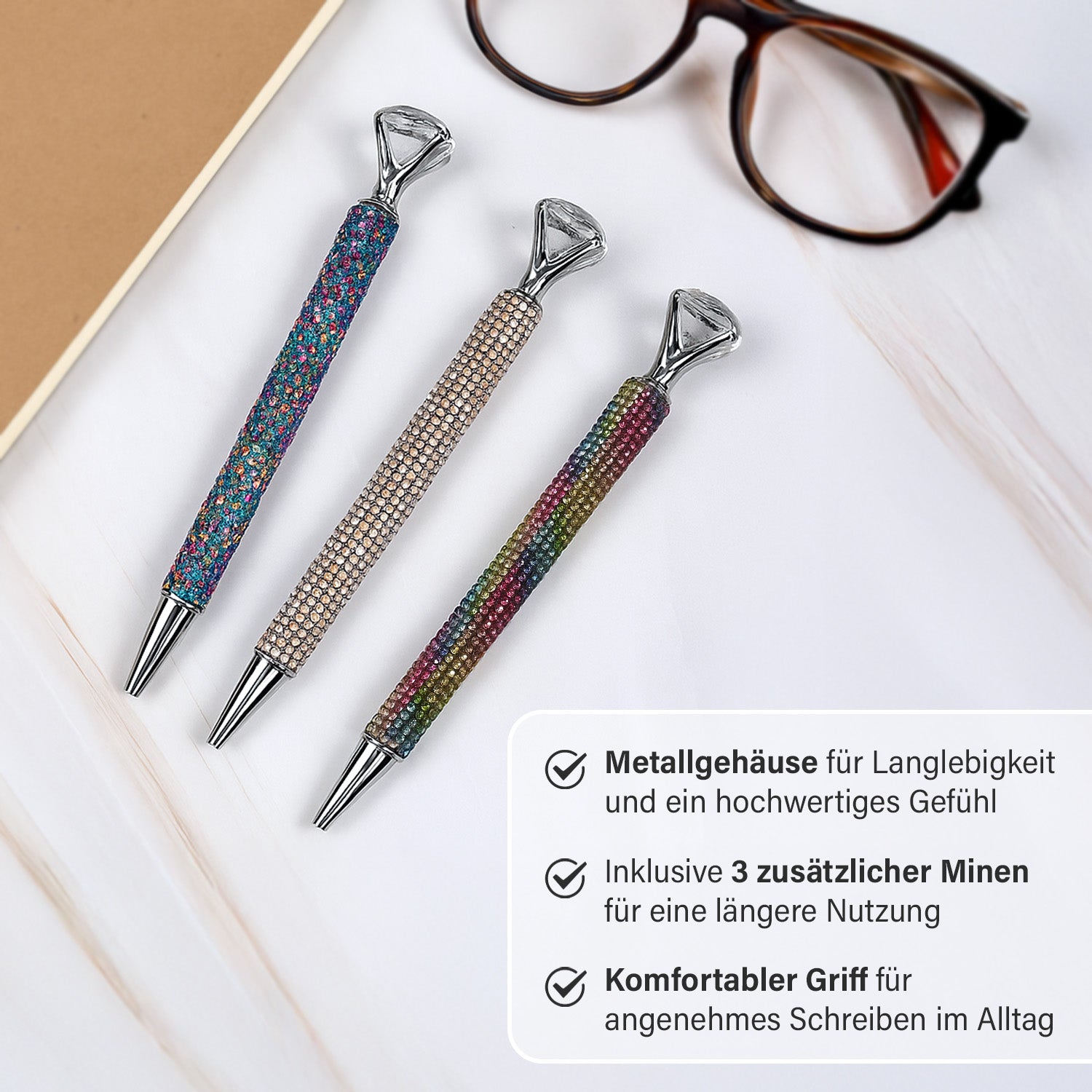 3er-Set Kugelschreiber mit Strassbesatz und Diamantspitze, inkl. 3 blauer Ersatzminen, 15cm,, Mehrfarbig