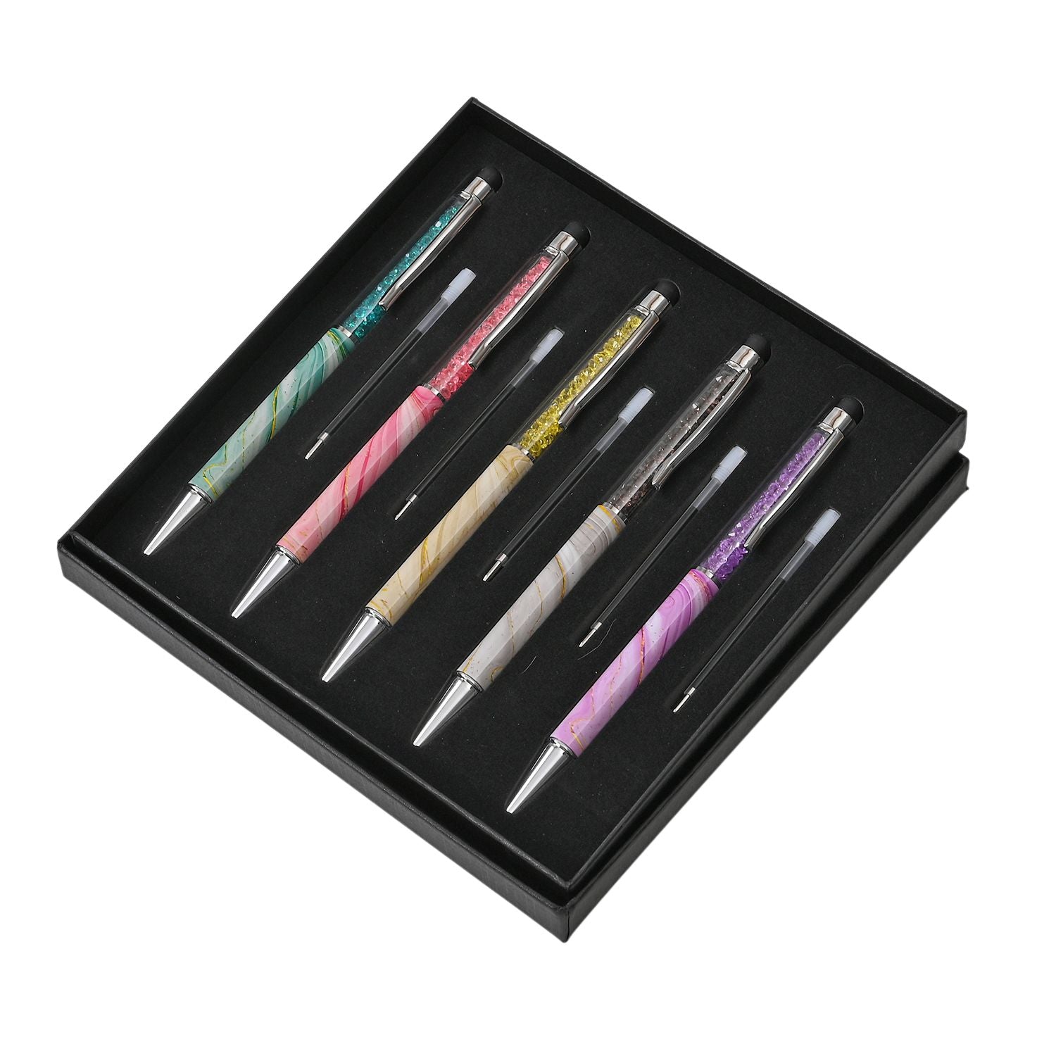 Set aus 5 Kugelschreibern mit Kristall-Optik und silbernem Metallkopf, 14 cm, Mehrfarbig