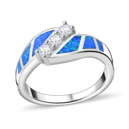 Simulierter Blauer Opal, Weißer Zirkonia Ring 925 Silber rhodiniert