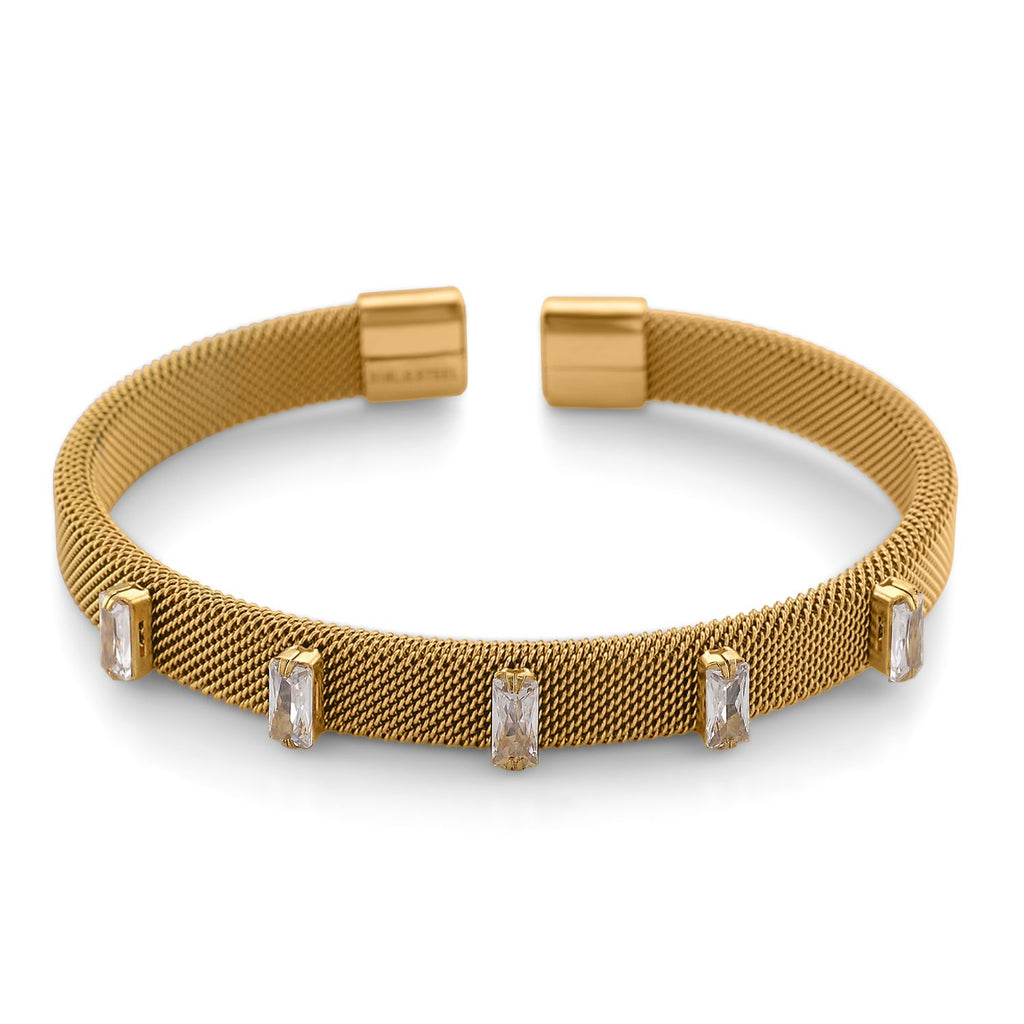 Weißer Kristall Armreif, flexibel (ca. 18-19 cm), 316L Edelstahl, goldfarben