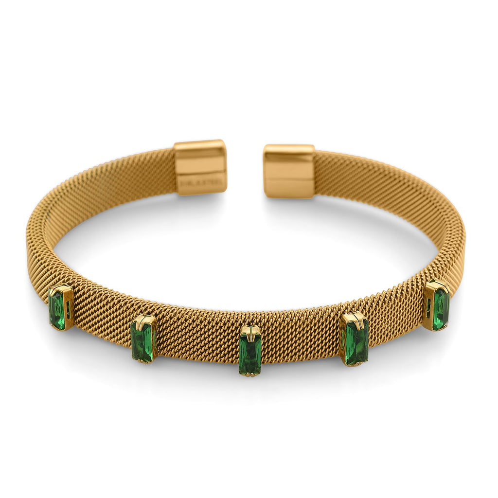 Grüner Kristall Armreif, flexibel (ca. 18-19 cm), 316L Edelstahl, goldfarben