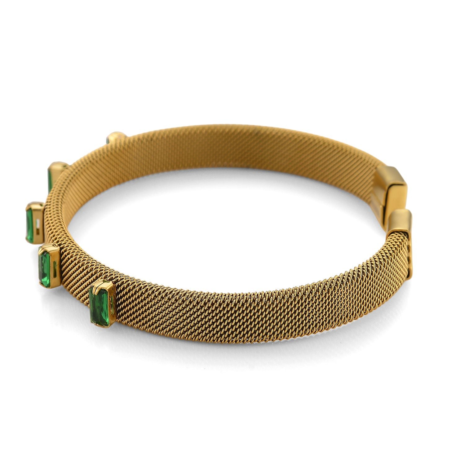 Grüner Kristall Armreif, flexibel (ca. 18-19 cm), 316L Edelstahl, goldfarben