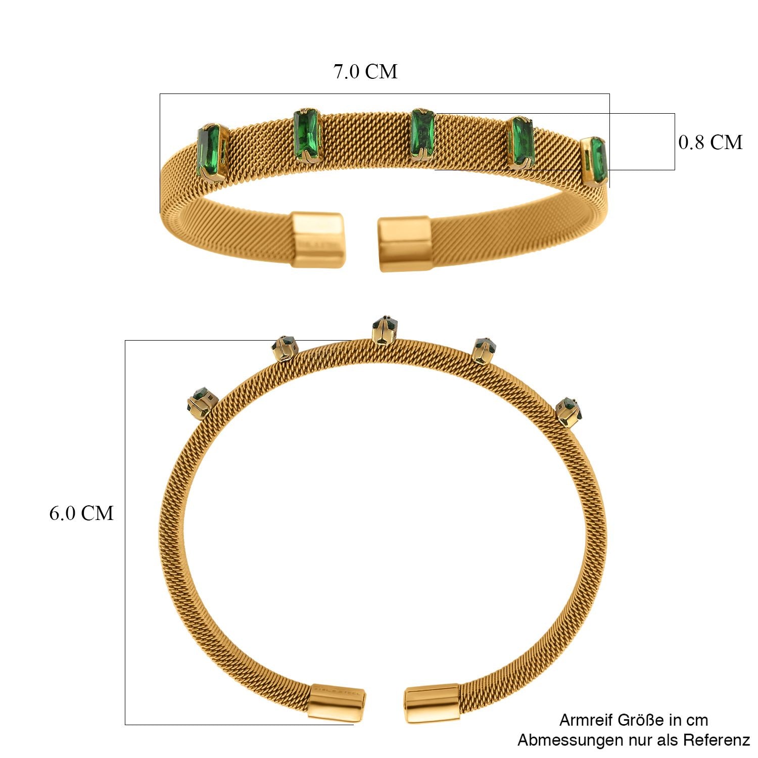Grüner Kristall Armreif, flexibel (ca. 18-19 cm), 316L Edelstahl, goldfarben