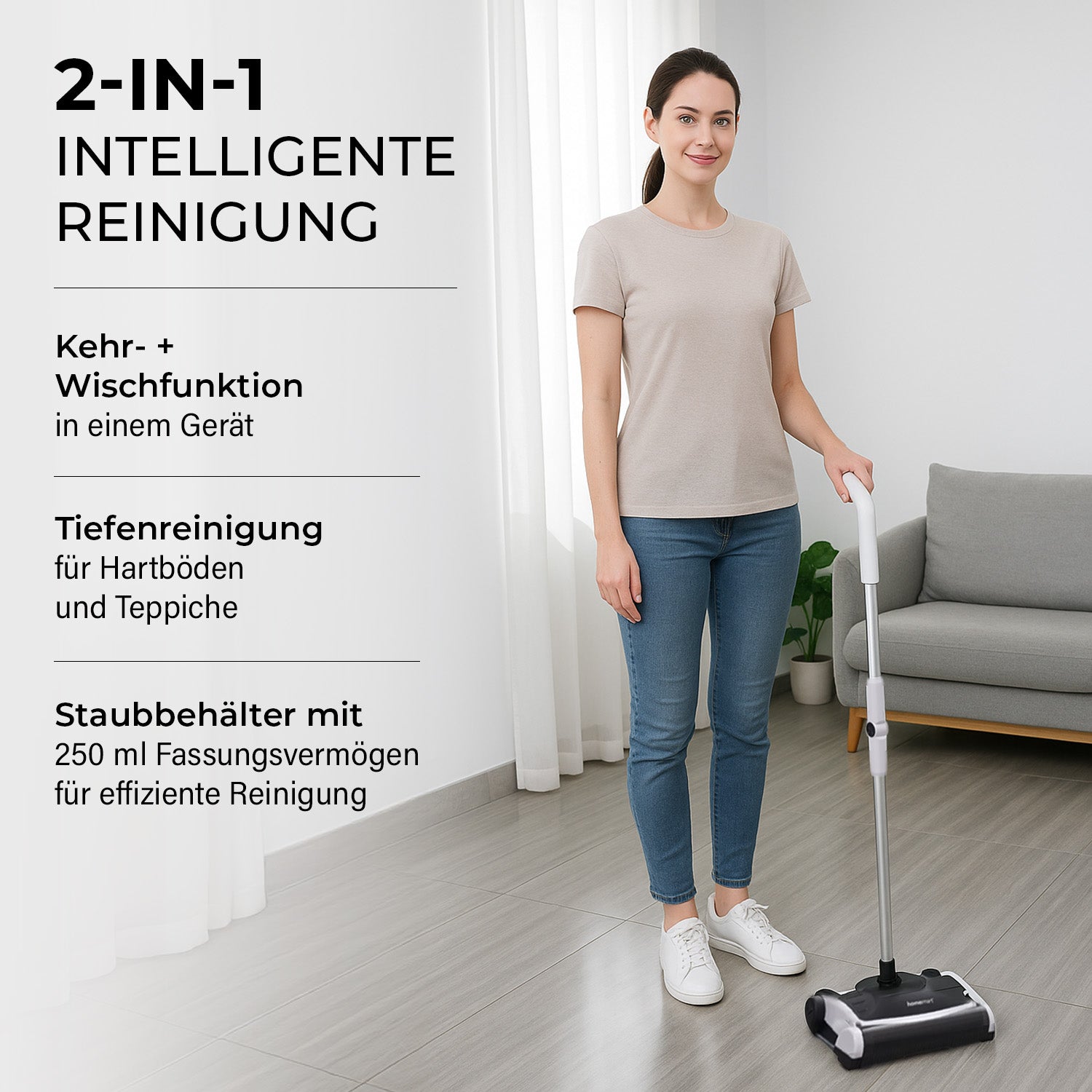 Homesmart Elektrischer Power-Sweeper mit Wischfunktion, kabellos, 2 Geschwindigkeiten, 250 ml Staubbehälter, 29x20x109 cm, Wiederaufladbar