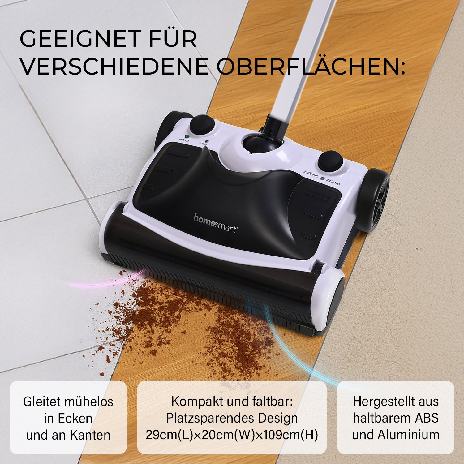 Homesmart Elektrischer Power-Sweeper mit Wischfunktion, kabellos, 2 Geschwindigkeiten, 250 ml Staubbehälter, 29x20x109 cm, Wiederaufladbar