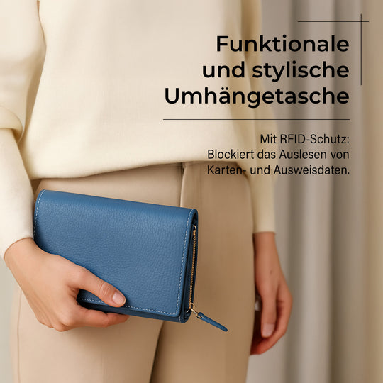 Crossbody-Tasche mit Überschlag und modischem Gliederriemen, Leder, RFID-Schutz, ca. 20x4x14 cm

, Blau
