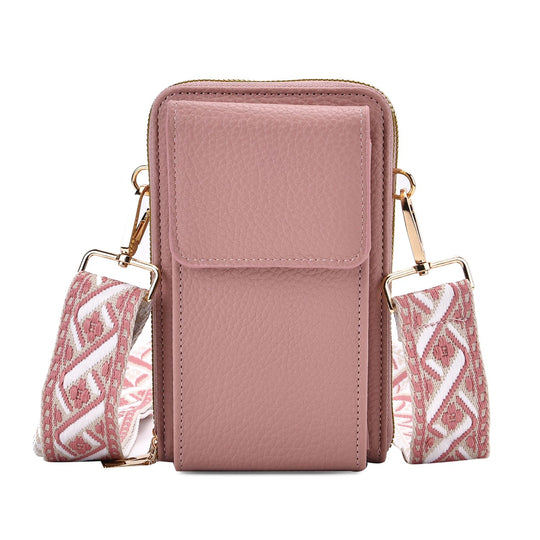 Crossbody-Handytasche mit RFID-Schutz, Kartenfächern und gemustertem Trageriemen, ca. 19x6x11 cm, Rot