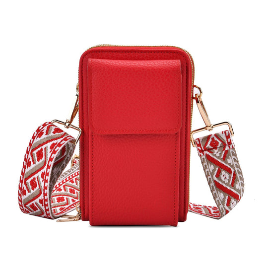 Crossbody-Handytasche mit RFID-Schutz, Kartenfächern und gemustertem Trageriemen, ca. 19x6x11 cm, Rot