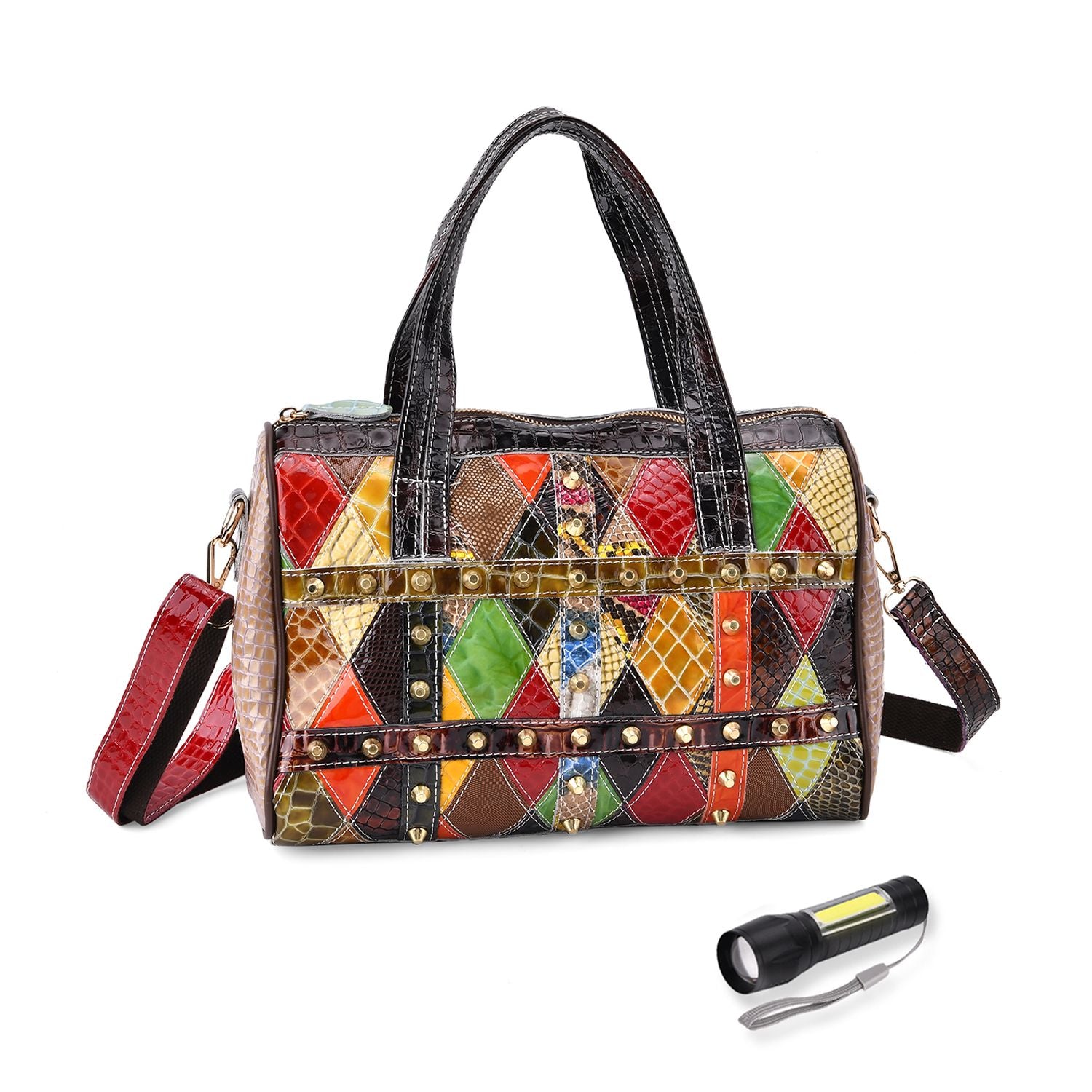 Chaos by Elsie, Crossbody-Tasche aus echtem Leder, Multicolor, mit RFID-Schutz und Mini-Taschenlampe, ca. 31,5 x 17,5 x 19,5 cm