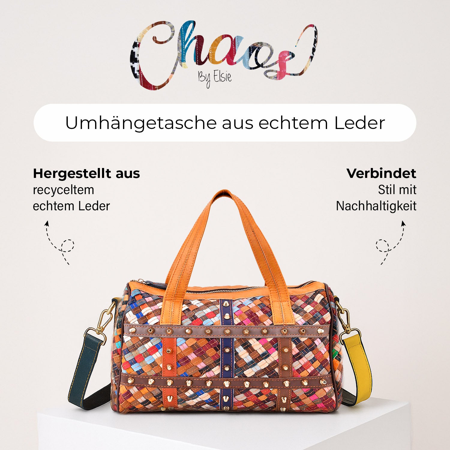 Chaos by Elsie, Crossbody-Tasche aus echtem Leder, Multicolor, mit RFID-Schutz und Mini-Taschenlampe, ca. 31,5 x 17,5 x 19,5 cm