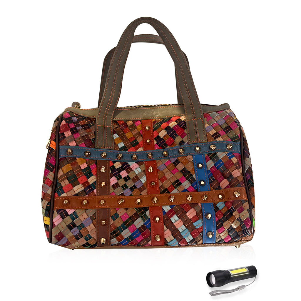 Chaos by Elsie, Crossbody-Tasche aus echtem Leder, Multicolor mit Krokoprägung, RFID-Schutz und Mini-Taschenlampe, ca. 31,5 x 17,5 x 19,5 cm