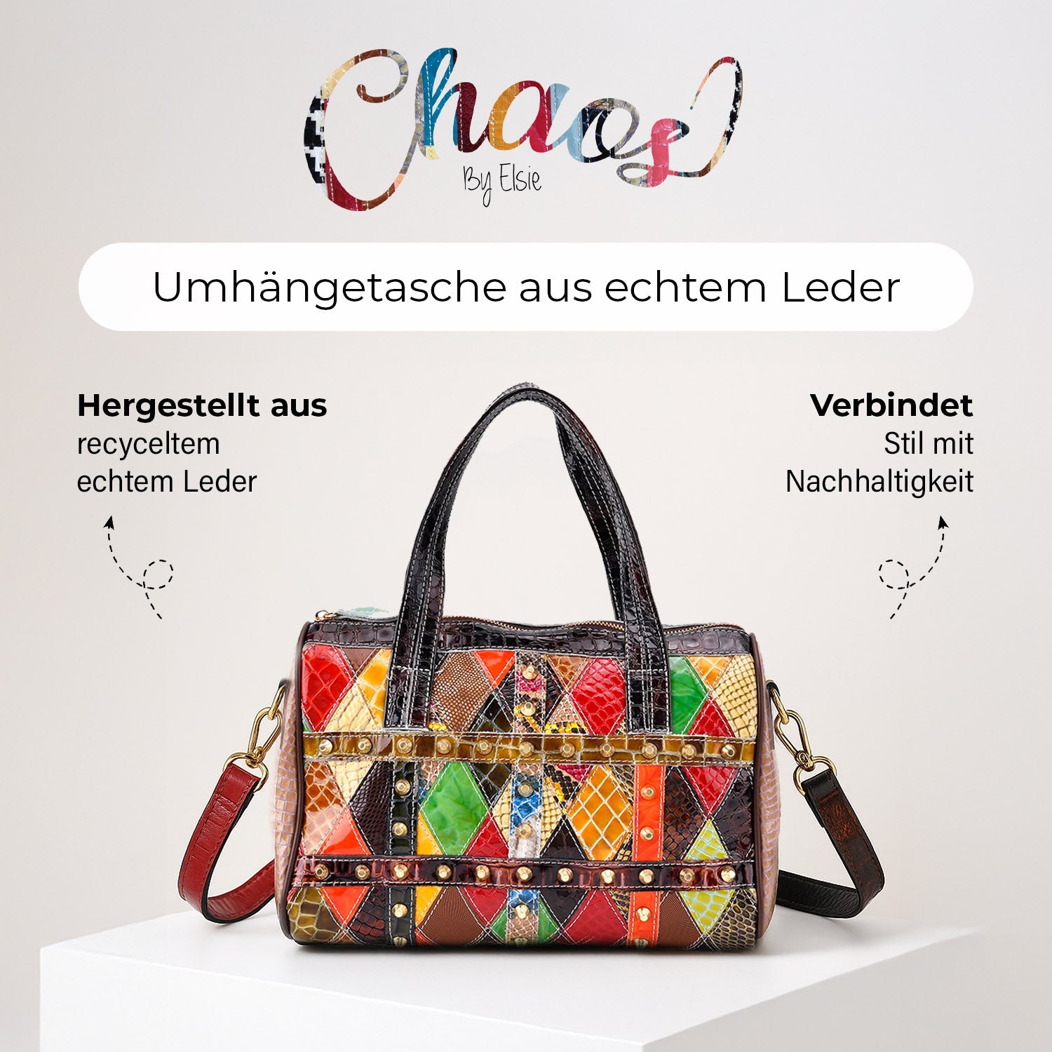 Chaos by Elsie, Crossbody-Tasche aus echtem Leder, Multicolor mit Krokoprägung, RFID-Schutz und Mini-Taschenlampe, ca. 31,5 x 17,5 x 19,5 cm