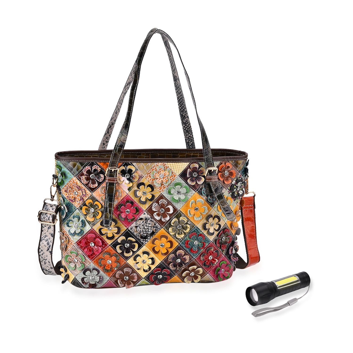 Chaos by Elsie, Crossbody-Tasche aus echtem Leder, Multicolor mit glänzender Krokoprägung & Blumenmotiv im Rautenmuster, RFID-Schutz und Mini-Taschenlampe, ca. 35 x 14 x 27 cm