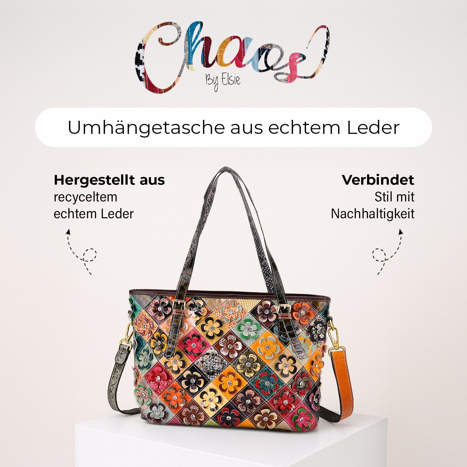 Chaos by Elsie, Crossbody-Tasche aus echtem Leder, Multicolor mit glänzender Krokoprägung & Blumenmotiv im Rautenmuster, RFID-Schutz und Mini-Taschenlampe, ca. 35 x 14 x 27 cm