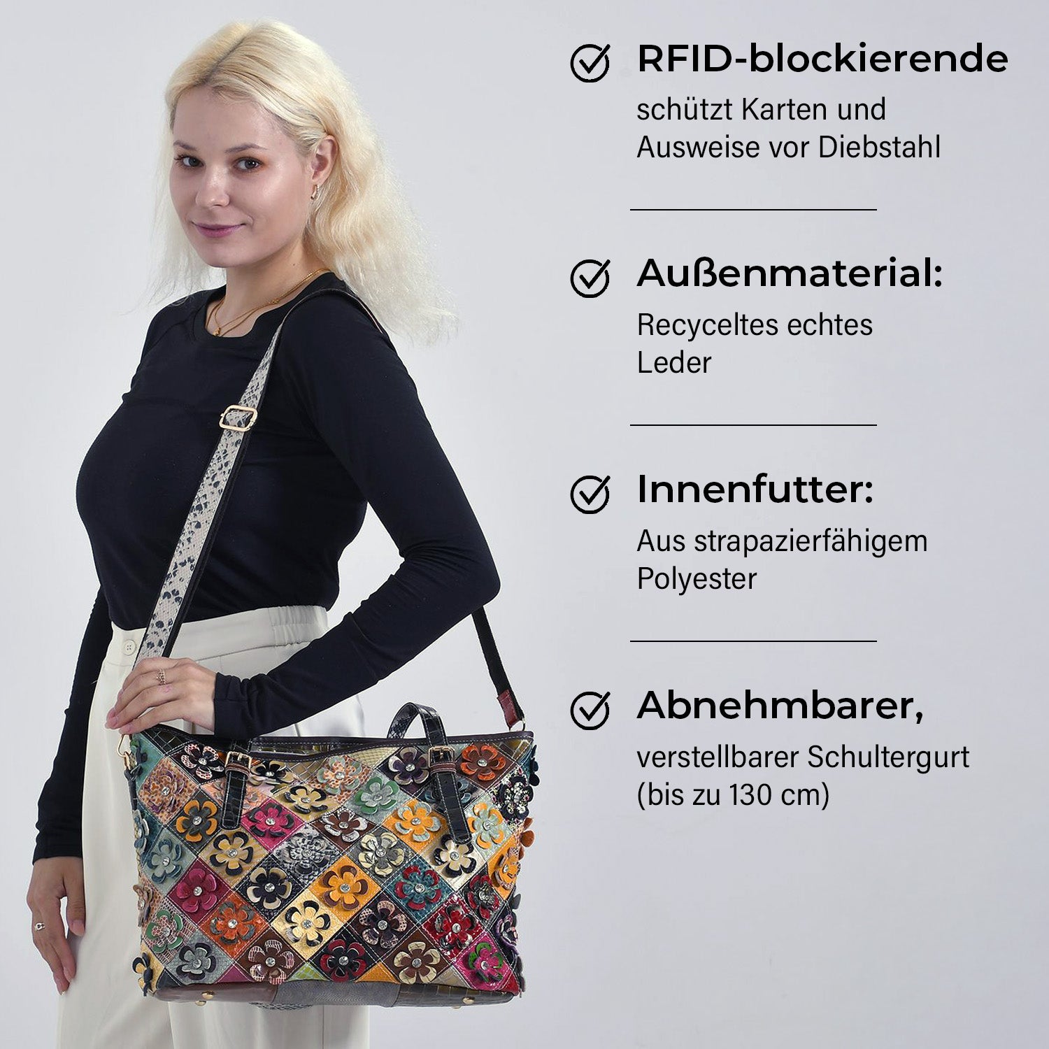 Chaos by Elsie, Crossbody-Tasche aus echtem Leder, Multicolor mit glänzender Krokoprägung & Blumenmotiv im Rautenmuster, RFID-Schutz und Mini-Taschenlampe, ca. 35 x 14 x 27 cm