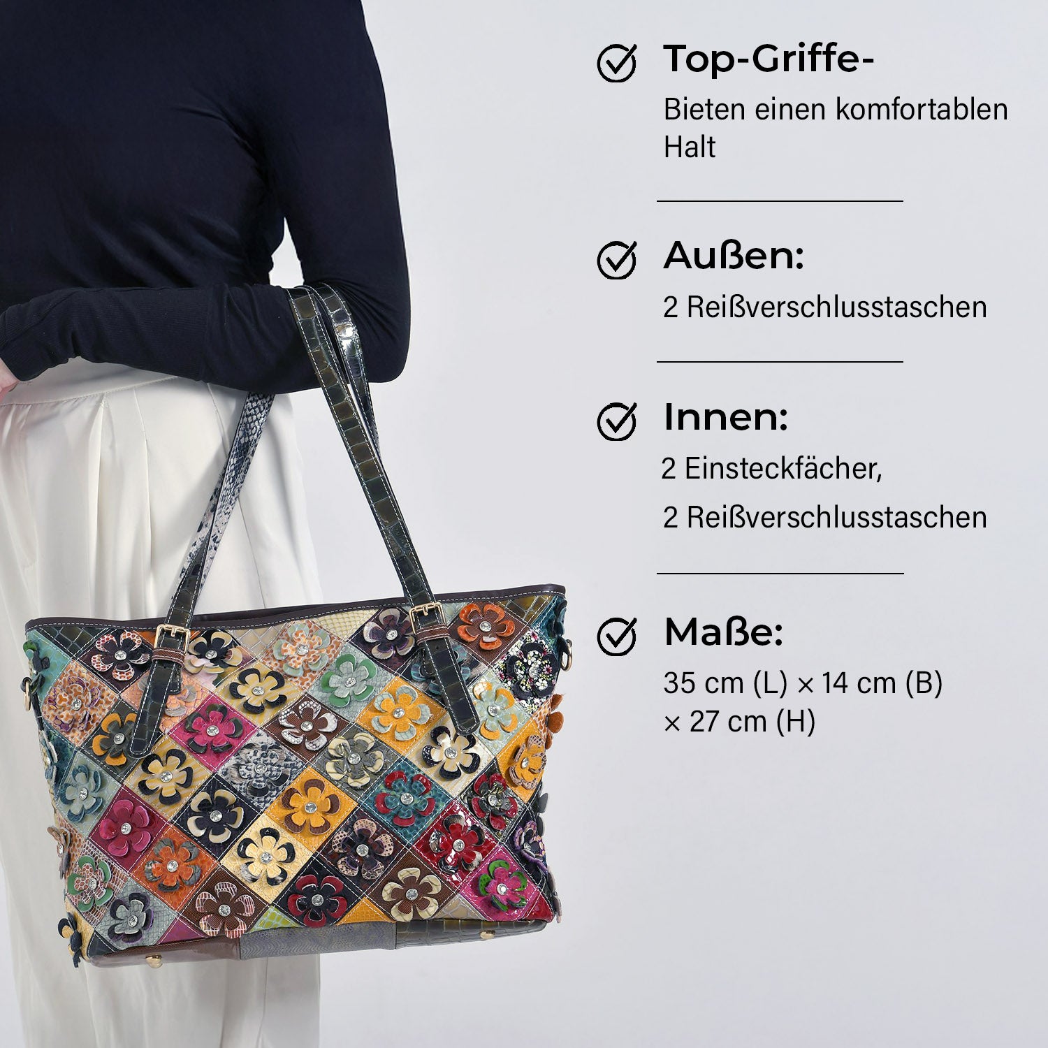 Chaos by Elsie, Crossbody-Tasche aus echtem Leder, Multicolor mit glänzender Krokoprägung & Blumenmotiv im Rautenmuster, RFID-Schutz und Mini-Taschenlampe, ca. 35 x 14 x 27 cm