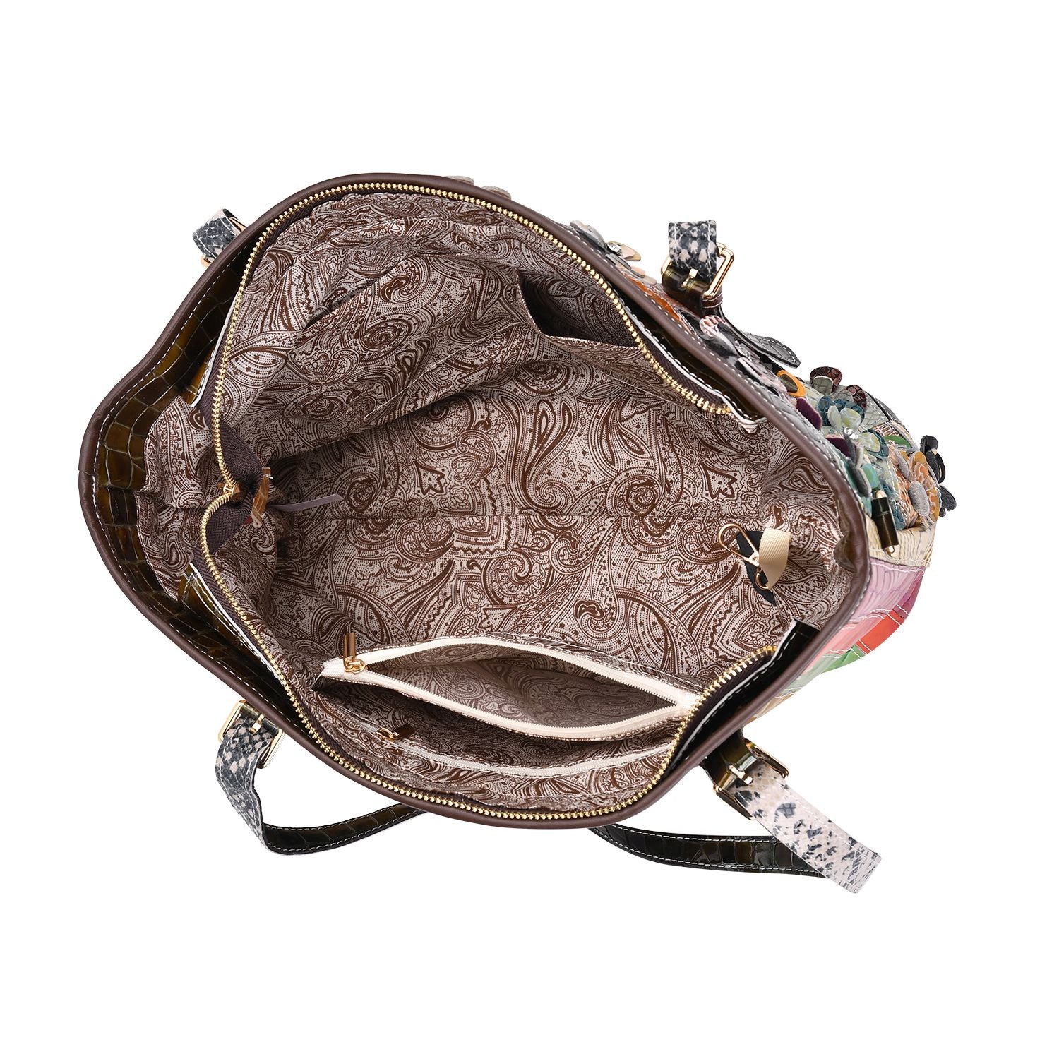 Chaos by Elsie, Crossbody-Tasche aus echtem Leder, Multicolor mit glänzender Krokoprägung & Blumenmotiv im Rautenmuster, RFID-Schutz und Mini-Taschenlampe, ca. 35 x 14 x 27 cm