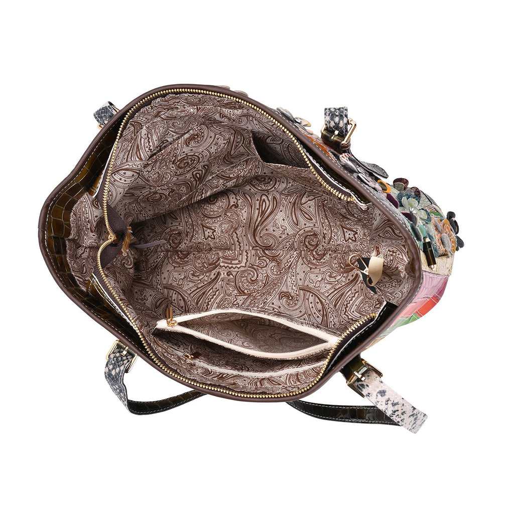 Chaos by Elsie, Crossbody-Tasche aus echtem Leder, Multicolor mit glänzender Krokoprägung & Blumenmotiv im Rautenmuster, RFID-Schutz und Mini-Taschenlampe, ca. 35 x 14 x 27 cm