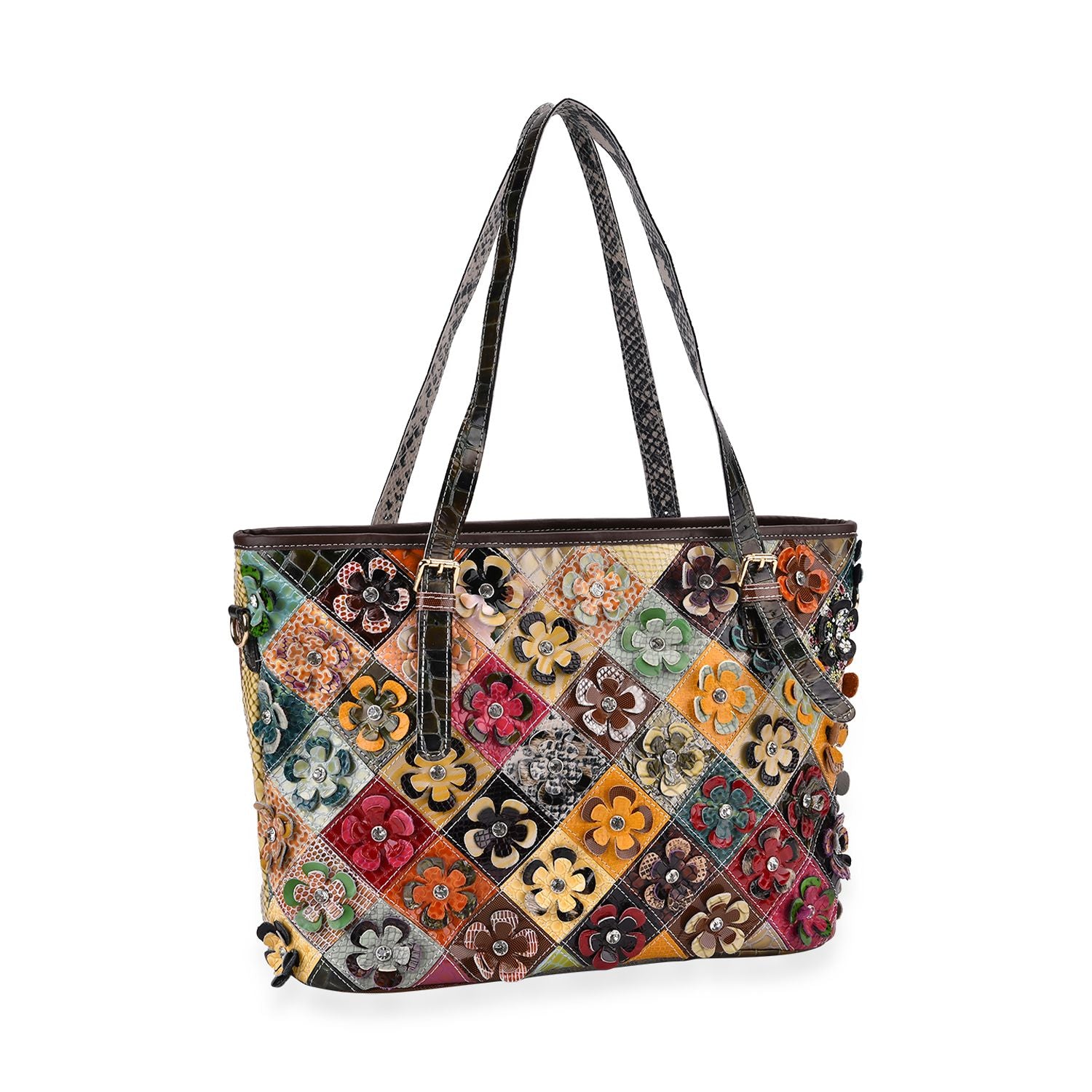 Chaos by Elsie, Crossbody-Tasche aus echtem Leder, Multicolor mit glänzender Krokoprägung & Blumenmotiv im Rautenmuster, RFID-Schutz und Mini-Taschenlampe, ca. 35 x 14 x 27 cm