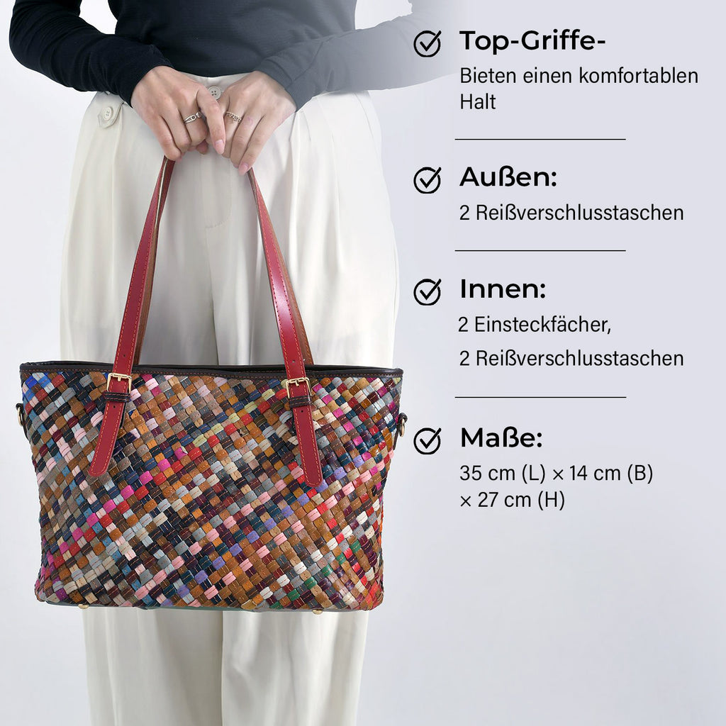 Chaos by Elsie, Multifunktionale Crossbody- und Schultertasche aus echtem Leder, Multicolor mit gewebtem Muster, RFID-Schutz und Mini-Taschenlampe, ca. 35 x 14 x 27 cm