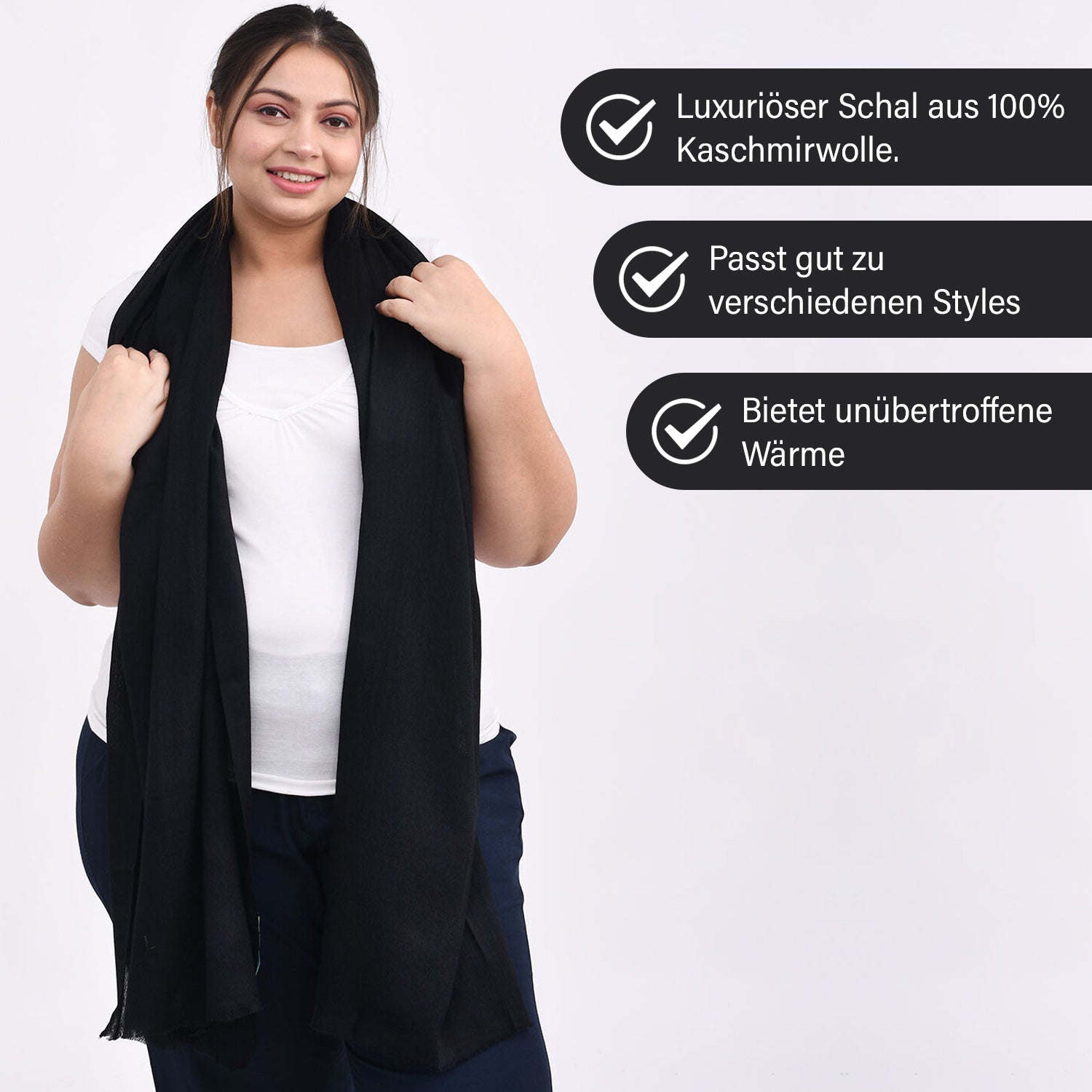 LA MAREY - Luxuriöser und weicher Schal aus 100 % Kaschmirwolle, 70 x 195 cm, Schwarz