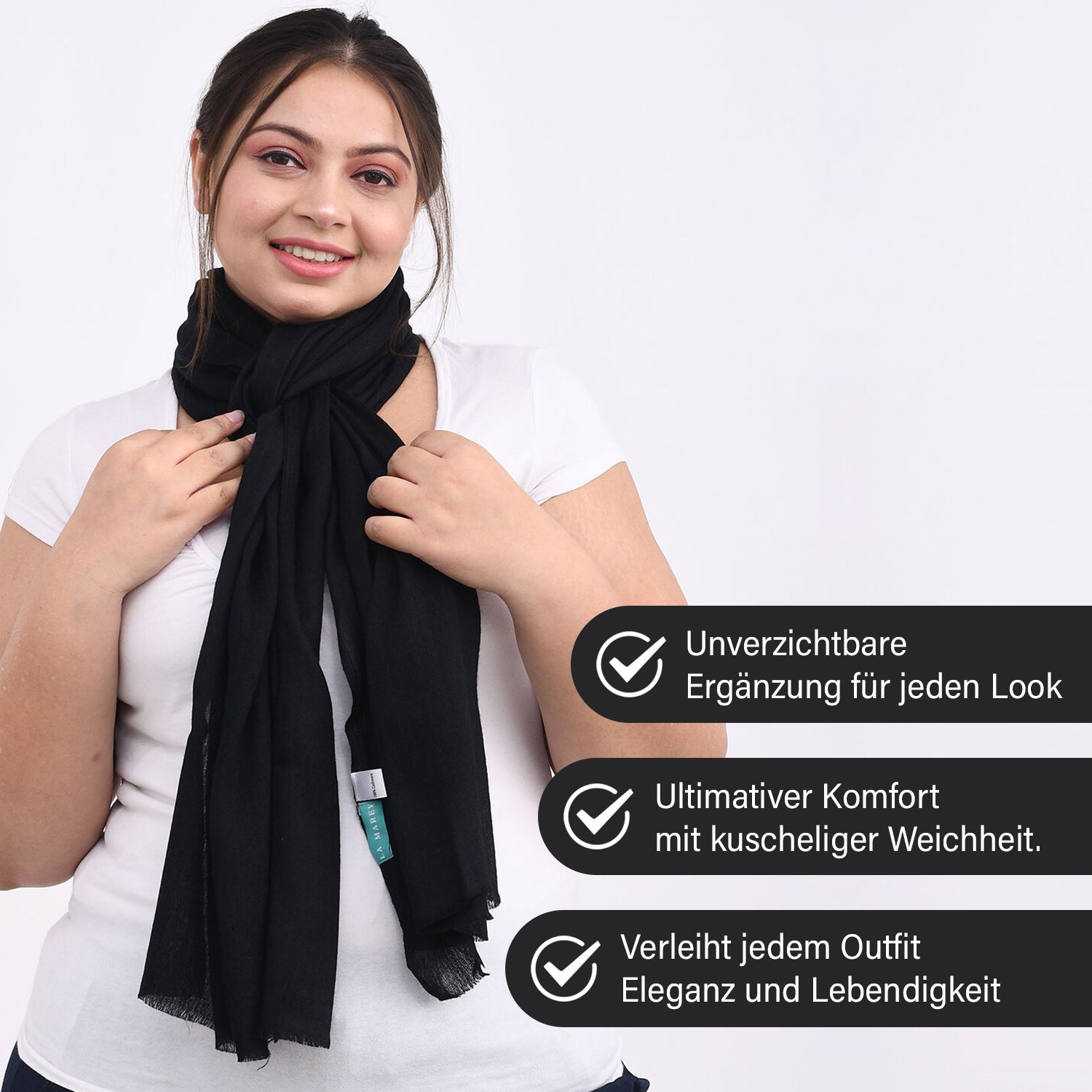 LA MAREY - Luxuriöser und weicher Schal aus 100 % Kaschmirwolle, 70 x 195 cm, Schwarz