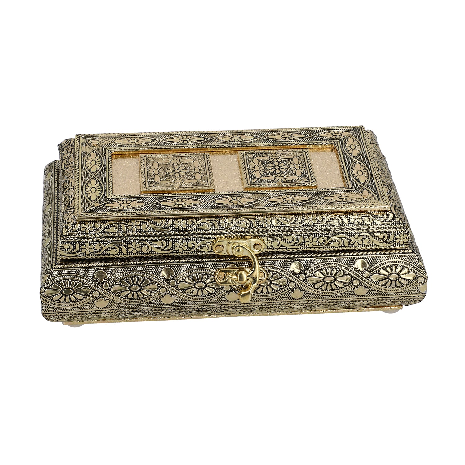 Handgefertigte Schmuckbox, Teakholz, oxidiertes Aluminium, antiker Look, 19,7x12x7,3 cm, roségoldfarben