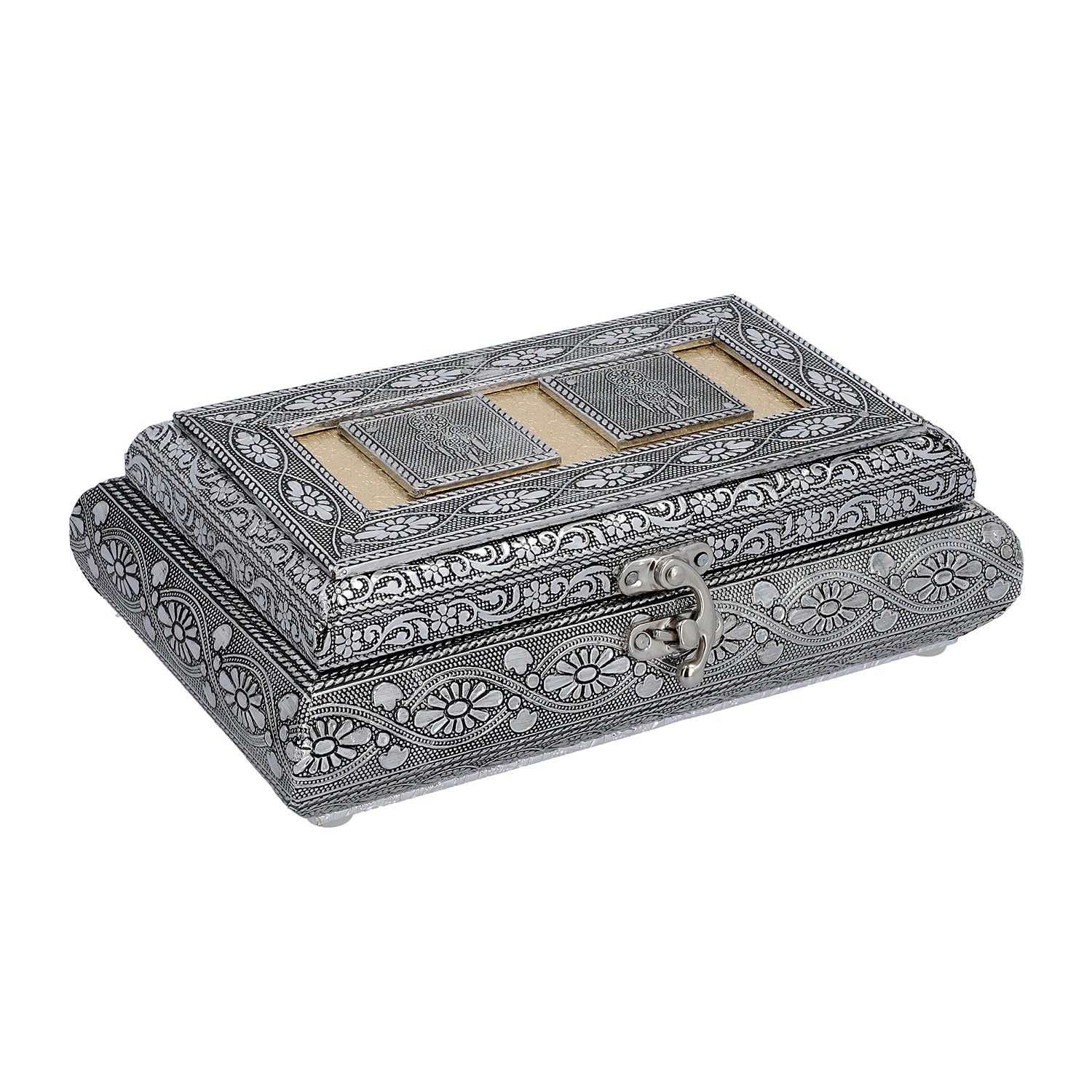 Handgefertigte Schmuckbox, Teakholz, oxidiertes Aluminium, antiker Look, 19,7x12x7,3 cm, roségoldfarben