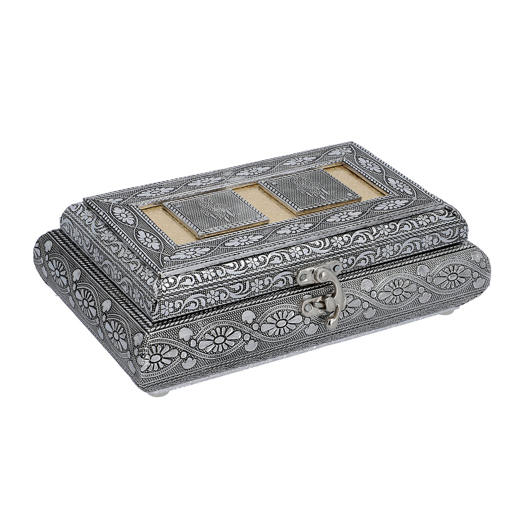 Handgefertigte Schmuckbox, Teakholz, oxidiertes Aluminium, antiker Look, 19,7x12x7,3 cm, roségoldfarben