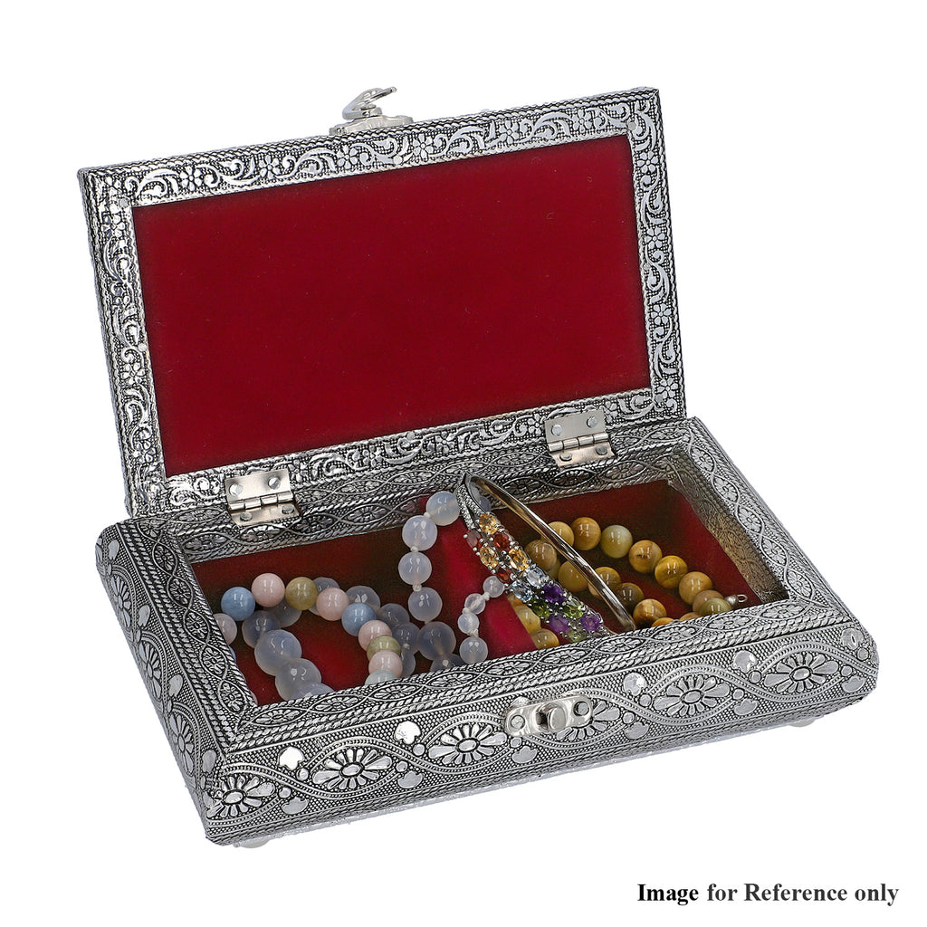 Handgefertigte Schmuckbox, Teakholz, oxidiertes Aluminium, antiker Look, 19,7x12x7,3 cm, roségoldfarben