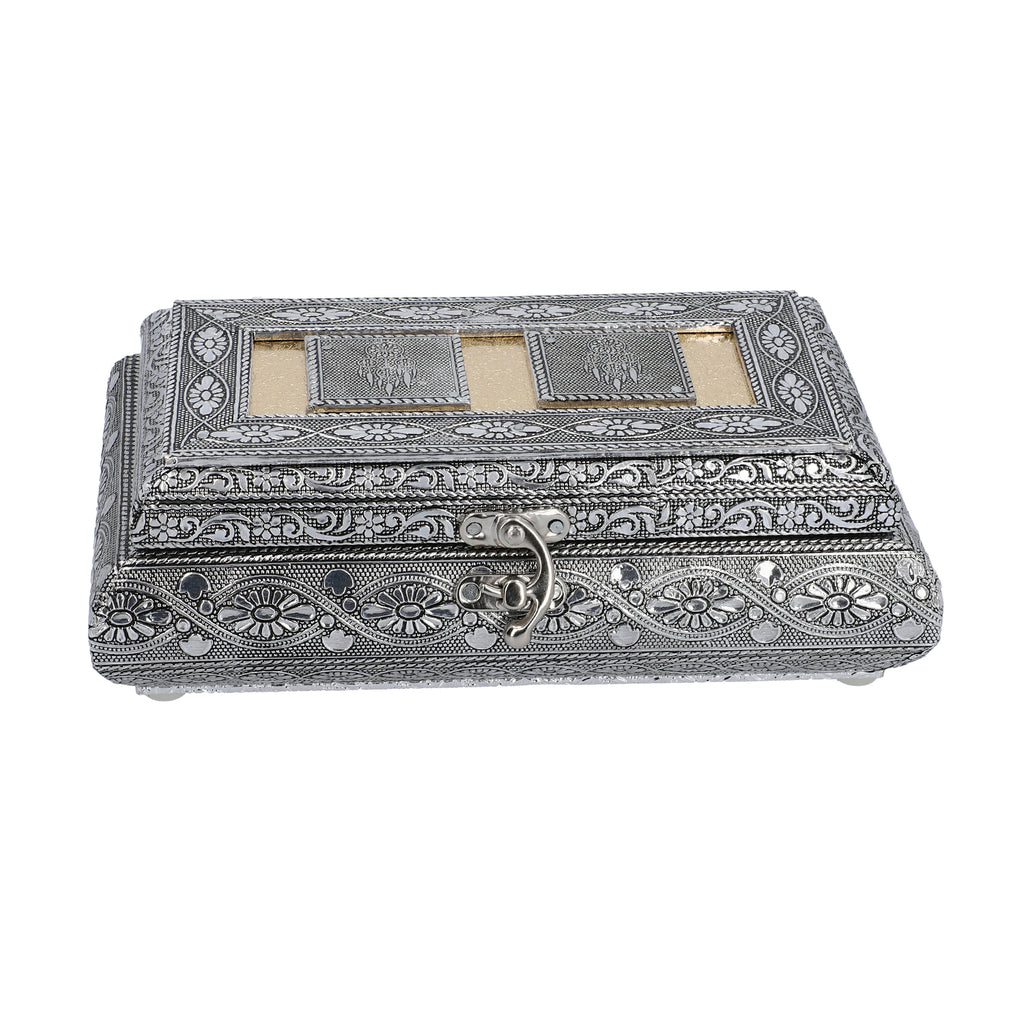 Handgefertigte Schmuckbox, Teakholz, oxidiertes Aluminium, antiker Look, 19,7x12x7,3 cm, roségoldfarben