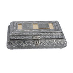 Handgefertigte Schmuckbox, Teakholz, oxidiertes Aluminium, antiker Look, 19,7x12x7,3 cm, roségoldfarben