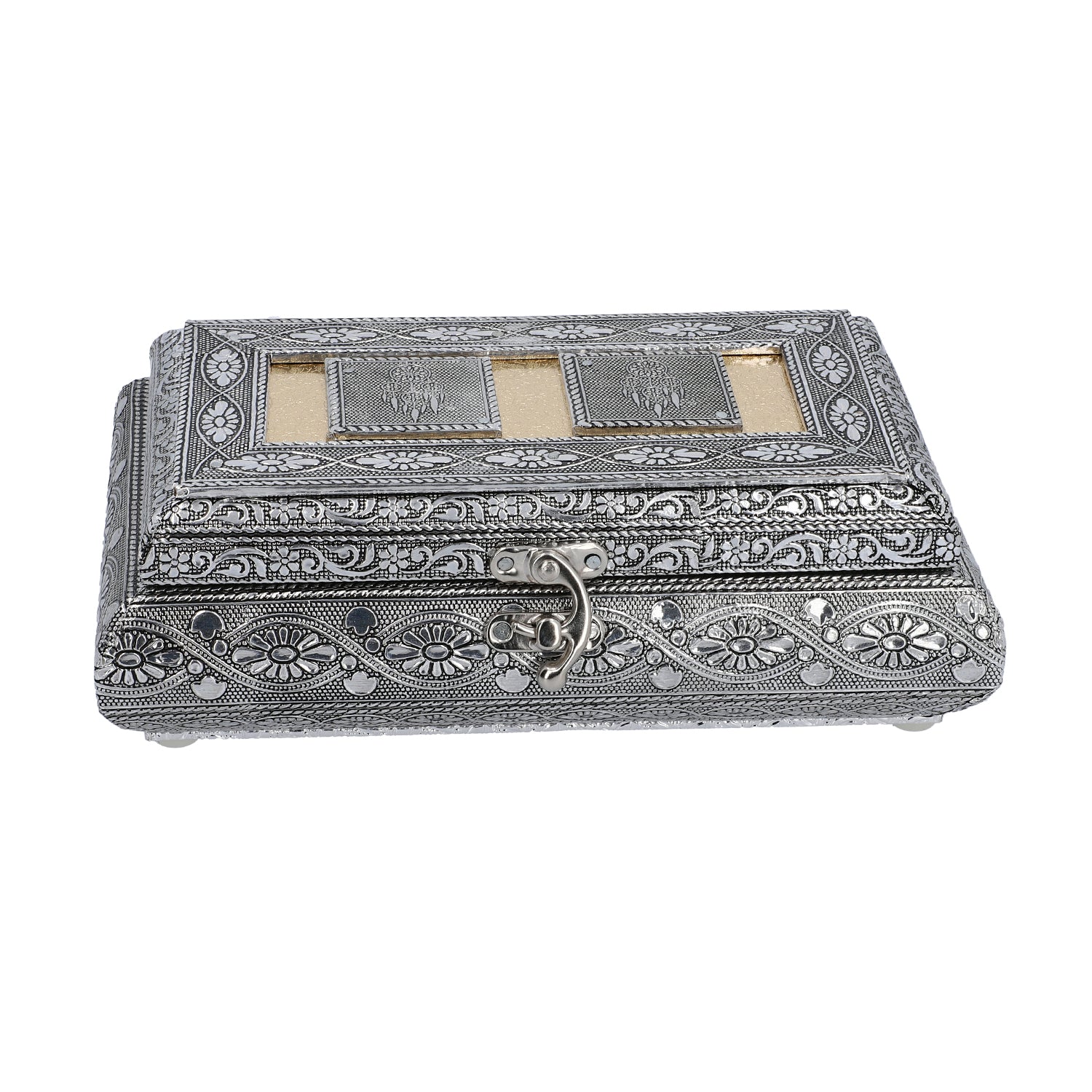 Handgefertigte Schmuckbox, Teakholz, oxidiertes Aluminium, antiker Look, 19,7x12x7,3 cm, roségoldfarben