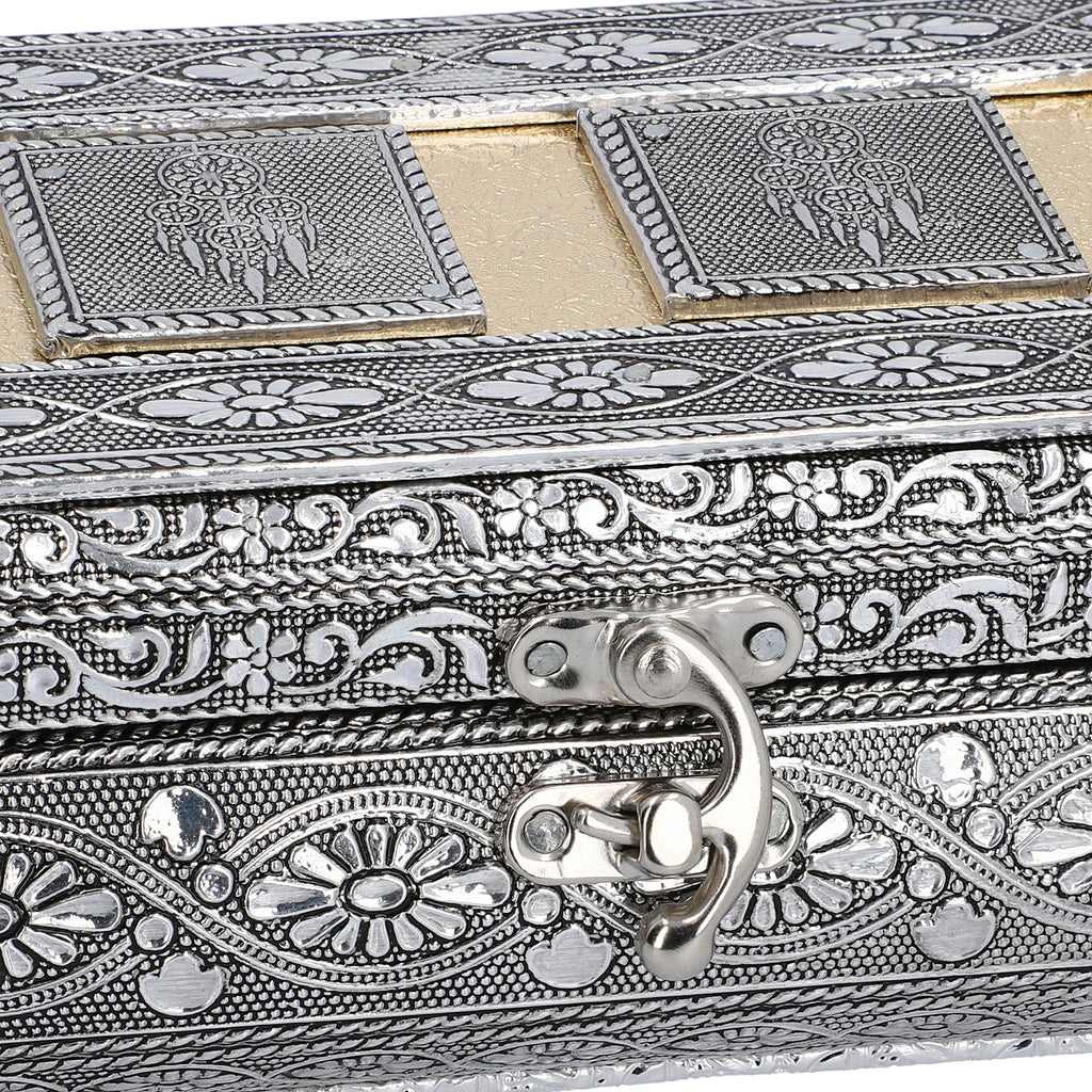 Handgefertigte Schmuckbox, Teakholz, oxidiertes Aluminium, antiker Look, 19,7x12x7,3 cm, roségoldfarben