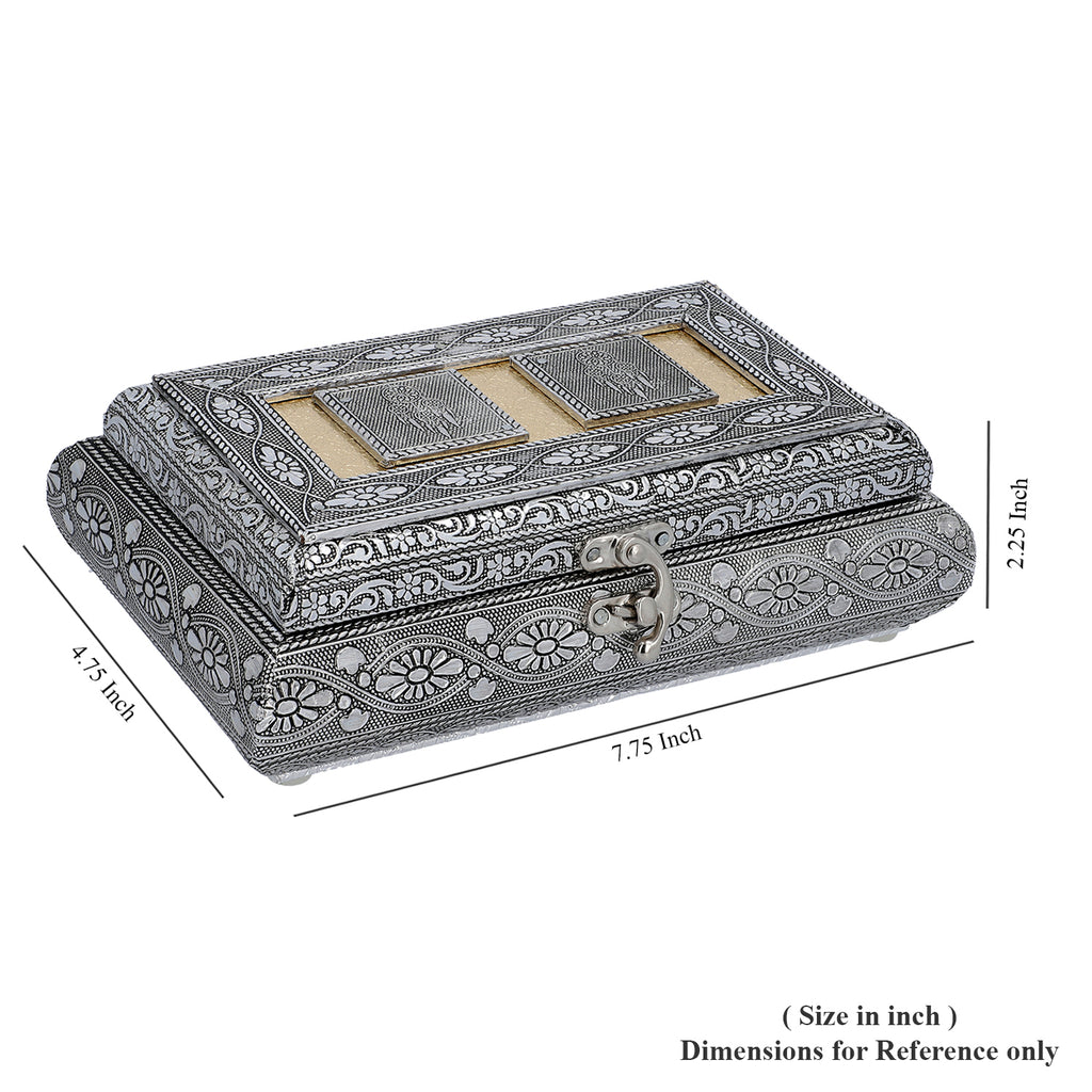Handgefertigte Schmuckbox, Teakholz, oxidiertes Aluminium, antiker Look, 19,7x12x7,3 cm, roségoldfarben