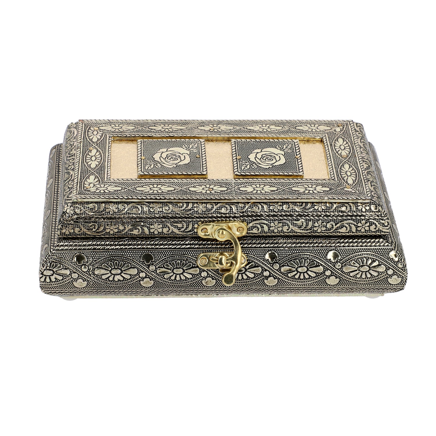 Handgefertigte Schmuckbox, Teakholz, oxidiertes Aluminium, antiker Look, 19,7x12x7,3 cm, roségoldfarben