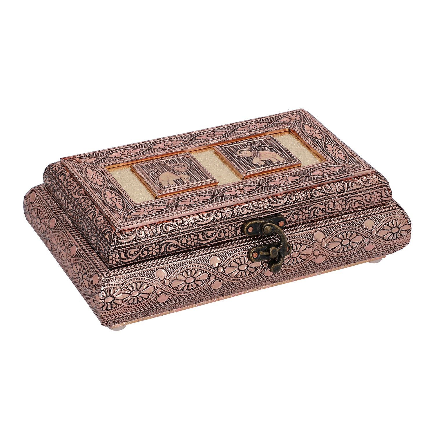 Handgefertigte Schmuckbox, Teakholz, oxidiertes Aluminium, antiker Look, 19,7x12x7,3 cm, roségoldfarben