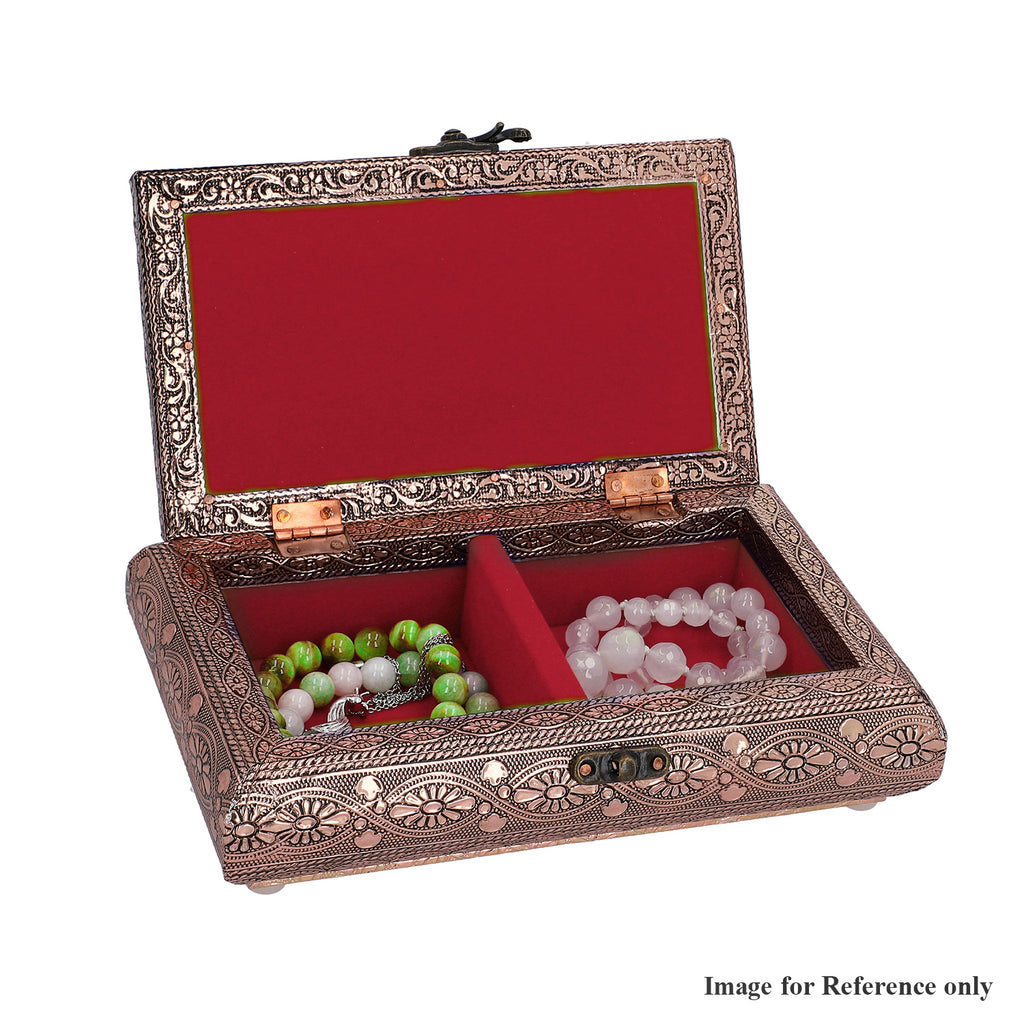 Handgefertigte Schmuckbox, Teakholz, oxidiertes Aluminium, antiker Look, 19,7x12x7,3 cm, roségoldfarben