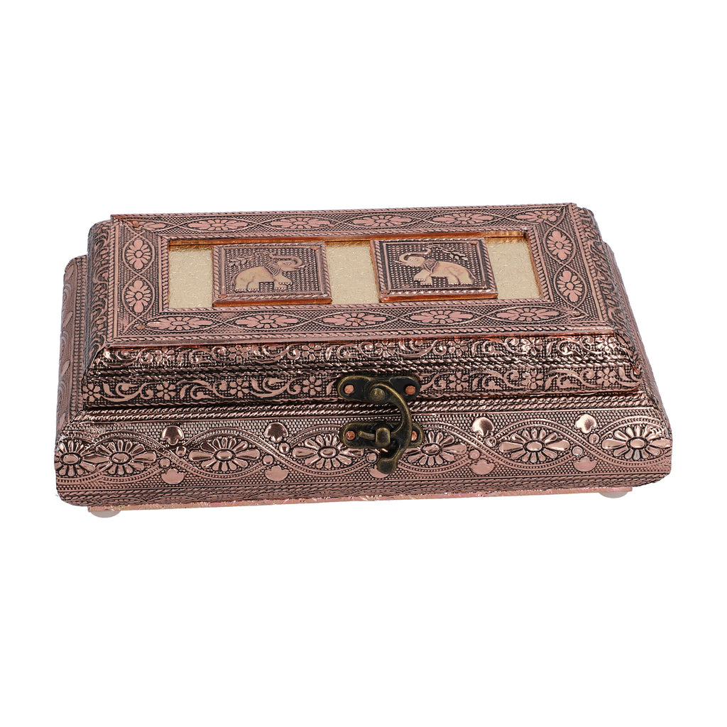 Handgefertigte Schmuckbox, Teakholz, oxidiertes Aluminium, antiker Look, 19,7x12x7,3 cm, roségoldfarben