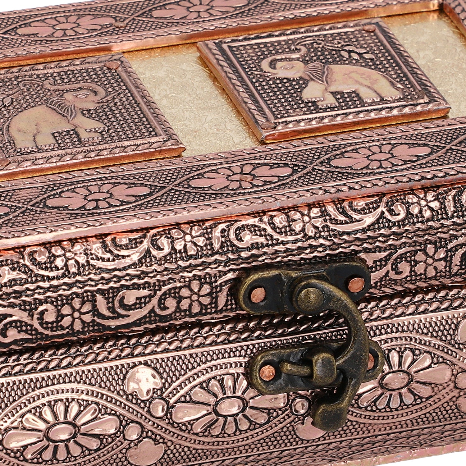 Handgefertigte Schmuckbox, Teakholz, oxidiertes Aluminium, antiker Look, 19,7x12x7,3 cm, roségoldfarben