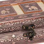 Handgefertigte Schmuckbox, Teakholz, oxidiertes Aluminium, antiker Look, 19,7x12x7,3 cm, roségoldfarben