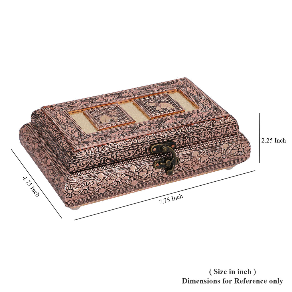 Handgefertigte Schmuckbox, Teakholz, oxidiertes Aluminium, antiker Look, 19,7x12x7,3 cm, roségoldfarben