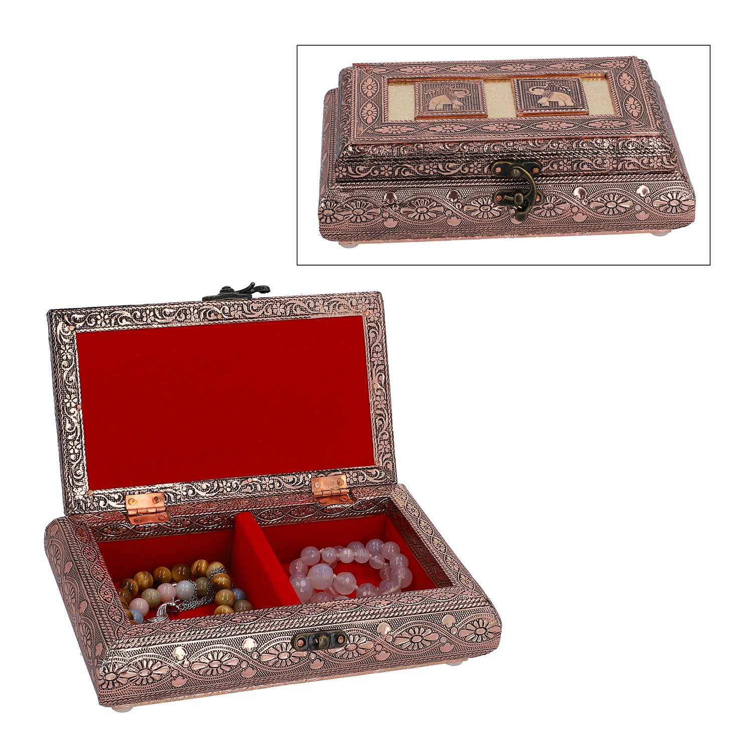 Handgefertigte Schmuckbox, Teakholz, oxidiertes Aluminium, antiker Look, 19,7x12x7,3 cm, roségoldfarben