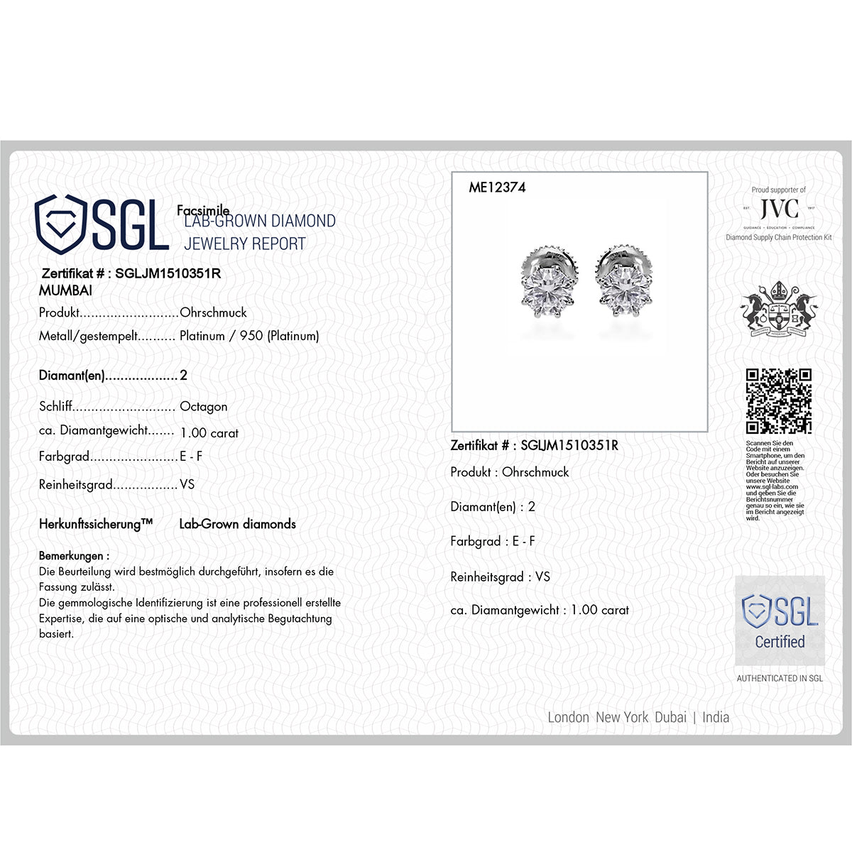 LUXURIANT DIAMOND - Lab Grown Diamant VS-EF SGL zertifiziert Ohrringe 950 Platin ca. 1.00 ct