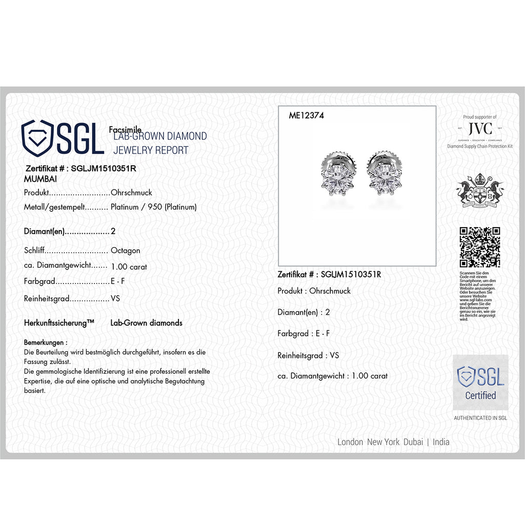 LUXURIANT SGL zertifizierte VS-EF Labor Diamant Ohrringe in 950 Platin - 1 ct.